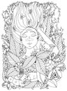 Vector illustration zentangl girl child with freckles is sleeping with cats in the flowers. Royalty Free Stock Photo