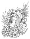 Vector illustration zentangl girl drowned in flowers. Doodle drawing. Meditative exercise. Coloring book anti stress for