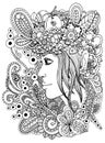 Vector illustration zentangl girl in the floral frame. Doodle drawing. Meditative exercise. Coloring book anti stress