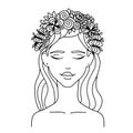 Vector illustration zentangl girl with flowers on her hear. Coloring book anti-stress for adults. Black and white. Royalty Free Stock Photo