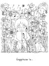 Vector illustration zentangl girl with freckles sitting in the flowers on the grass with a dog fox terrier. Doodle Royalty Free Stock Photo