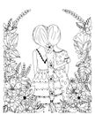 Vector illustration zentangl girl friend in a flower frame, doodle, flowers, spit back. Hugs, friendship. Coloring book