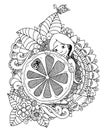 Vector illustration zentangl, girl holding lemon in the flowers. Doodle drawing. Meditative exercise. Coloring book anti