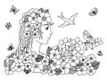 Vector illustration zentangl girl looking at a birdie sitting on a branch. Doodle drawing. Meditative exercises. Coloring book ant Royalty Free Stock Photo