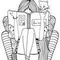 Vector illustration zentangl girl sitting in a chair reading a book. Doodle drawing. Royalty Free Stock Photo