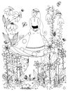 Vector illustration zentangl girl sitting on mushroom. Fairy story, doodle flowers, rabbit, carrot, fairy, princess