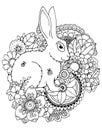 Vector illustration zentangl hare in flowers. Doodle drawing pen. Coloring page for adult anti-stress. Black white. Royalty Free Stock Photo