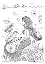 Vector illustration zentangl mermaid in the ocean with apples. Doodle drawing pen. Coloring page for adult anti-stress