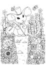 Vector illustration zentangl a mouse in hat sitting in the flowers. Doodle drawing. Meditative exercise. Coloring book