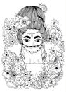 Vector illustration zentangl, Oriental Princess in flowers. Doodle drawing. Coloring book anti stress for adults. Black