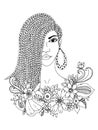 Vector illustration zentangl portrait African American woman, mulatto, Negro. Doodle floral frame, braids, coloring book