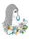 Vector illustration zentangl portrait African American woman, mulatto, Negro. Doodle floral frame, braids, coloring