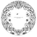 Vector illustration zentangl round floral frame, symmetry. Doodle flowers, bee, butterfly zenart, dudling. Coloring for