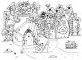 Vector illustration zentangl, Snail and the house. Doodle drawing pen. Coloring page for adult anti-stress. Black white.