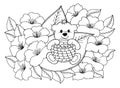 Vector illustration zentangl a teddy bear with a basket of mushrooms sitting among the flowers. Doodle drawing. Coloring book anti