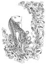 Vector illustration zentangl woman in flowers. He looks up, profile, portrait, doodle frame, owl, dudling flowers zenart