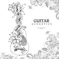 Vector illustration zentangle guitar with flowers in frame of flowers, acoustics, strings, doodle, zenart. Adult coloring