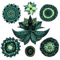 Vector illustration zentangle openwork mandala doodles set in blue and green colours with flowers isolated on white background