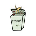 Vector illustration of zero waste concept. Dumpster with food garbage, compost, rot