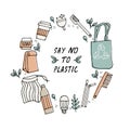Vector illustration zero waste, recycle, eco friendly tools, collection of ecology icons with slogans. Concept with Royalty Free Stock Photo