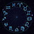 Vector illustration of zodiac circle on cosmic background with stars. Astrology horoscope signs. Royalty Free Stock Photo