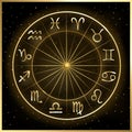 Vector illustration of zodiac circle on cosmic background with stars. Royalty Free Stock Photo