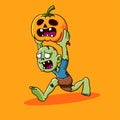 Vector illustration zombie character run and holding pumpkin. character zombie illustration with orange background