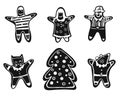 Vector illustratione gingerbread set of man, girl, tree, cat and mouse black and white isolated on white background for