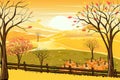 Vector illustrationn of panorama autumn landscape in english countryside with forest trees and leaves falling,Panoraic of farm