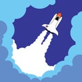 Vector illustrationof Rocket fly above clouds in the blue sky. Startup a business, new idea, creative, success, vision concept