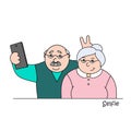 Vector illustrationold happy old man and old lady making selfies on the phone,family photo portrait of grandparents