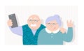 Vector illustrationold happy old man and old lady making selfies on the phone,family photo portrait of grandparents