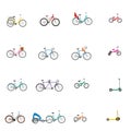 Vector illustrations of bicycle, child bike seat and kick scooter