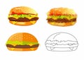 Vector illustrations of burgers in 4 styles. Flat, linear, low-poly and realistic burger