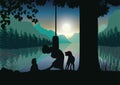 Vector illustrations, Children play with the dog under the tree