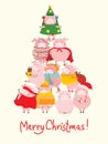 Vector illustrations of the christmas tree of the yellow pigs with christmas gifts and hand drawn text Merry Christmas