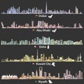 Vector illustrations of Dubai, Abu Dhabi, Doha, Riyadh and Kuwait city skylines at night