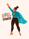 Vector illustrations in flat design of afro american female superheroe in funny comics costume. Girl power concept