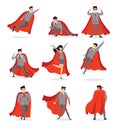 Vector illustrations in flat design of set of businessmen and businesswomen Superheroes with the red cloak.