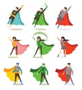 Vector illustrations in flat design of set of business , eco and classic Superheroes