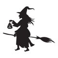 Halloween scary witch on broom fly silhouette