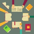 Vector illustrations. Hands hold opened and closed books