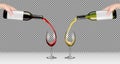 Vector illustrations of hands holding glass bottles with white and red wine and pour it into transparent glasses Royalty Free Stock Photo