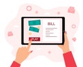 Vector illustrations. Hands holding a tablet with the payment of bills . Payment for utilities, banks, online purchases