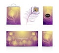 Vector illustrations of leaflets , cards, peacock feathers, shopping bag Royalty Free Stock Photo