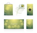 Vector illustrations of leaflets , cards, peacock feathers, shopping bag Royalty Free Stock Photo