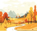 Vector illustrations of nature, autumn natural landscape, mountains, trees, river, fields for background or banner. Warm color, Royalty Free Stock Photo