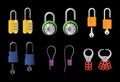 Vector illustrations of open and closed locks and technical clamps