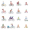 Vector illustrations of people on bicycle, child bike seat and kick scooter