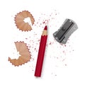 Vector illustrations in realistic style sharpened pencil a sharpener, pencil shavings and a graphite isolated on white Royalty Free Stock Photo